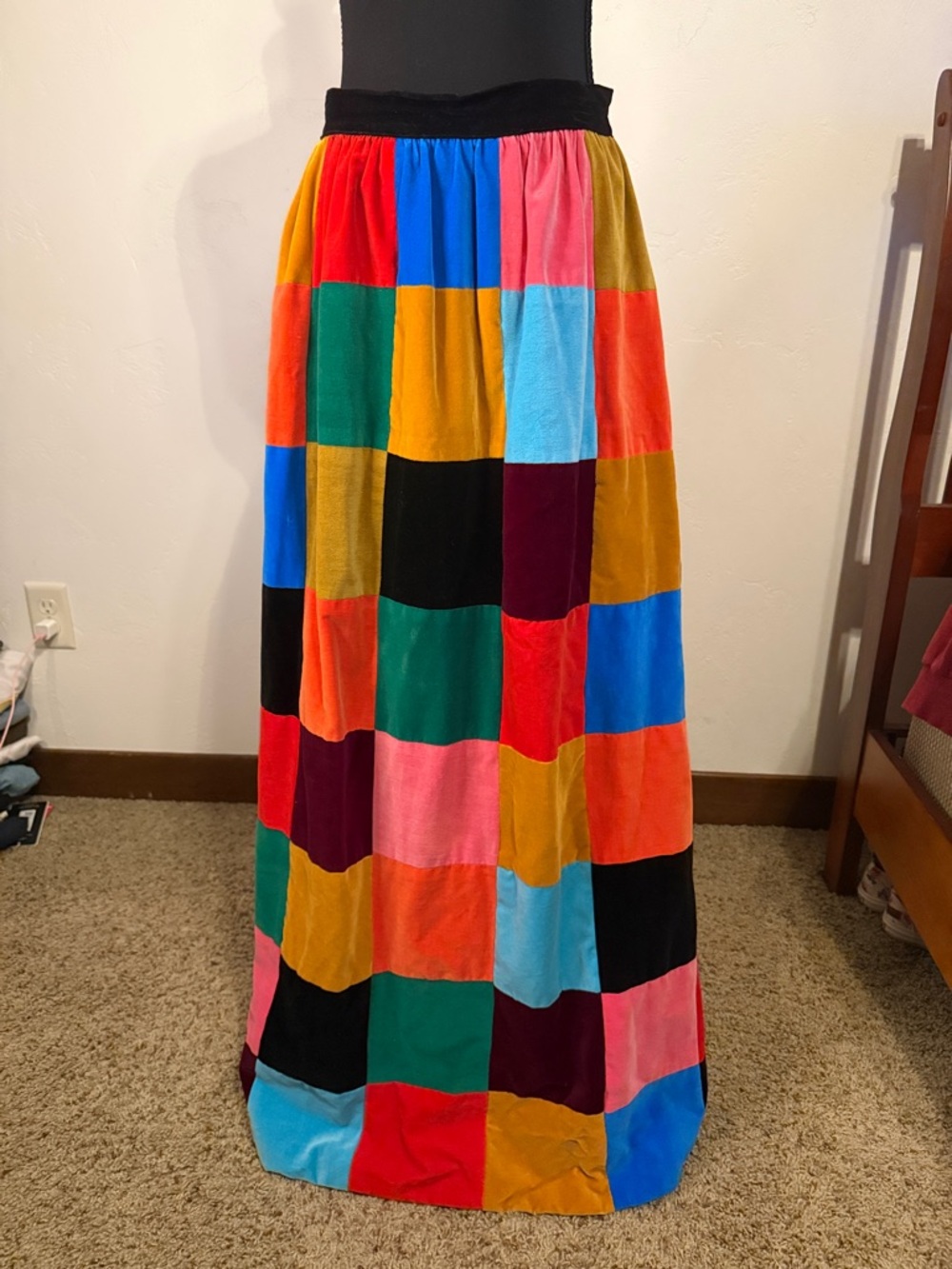 Multi Color Patchwork Velvet Maxi Skirt